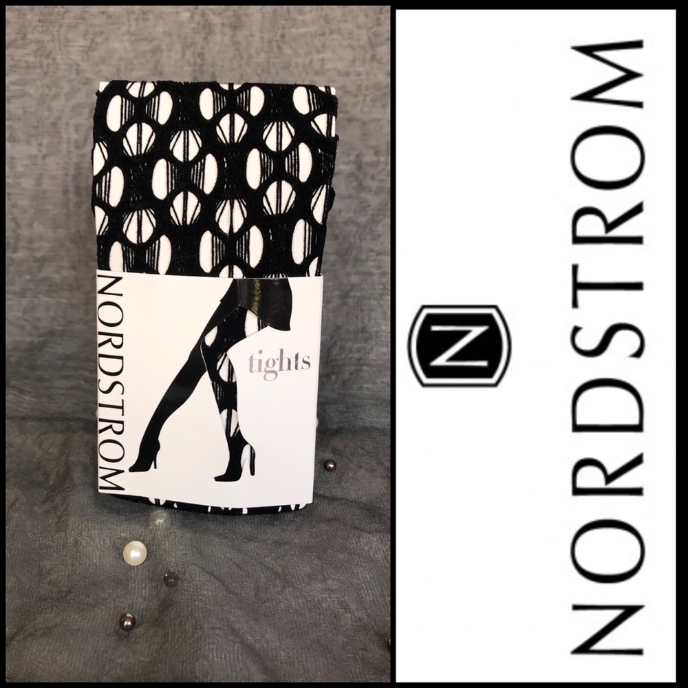 NWT—WOMENS NORDSTROM DOUBLE-WEAVE, GEOMETRIC-DESIGN BLACK TIGHTS/ PANTYHOSE